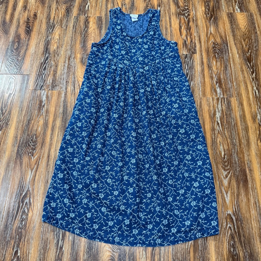 Vintage Maternity Denim Size S M Midi Dress Blue Floral Sleeveless Empire Waist